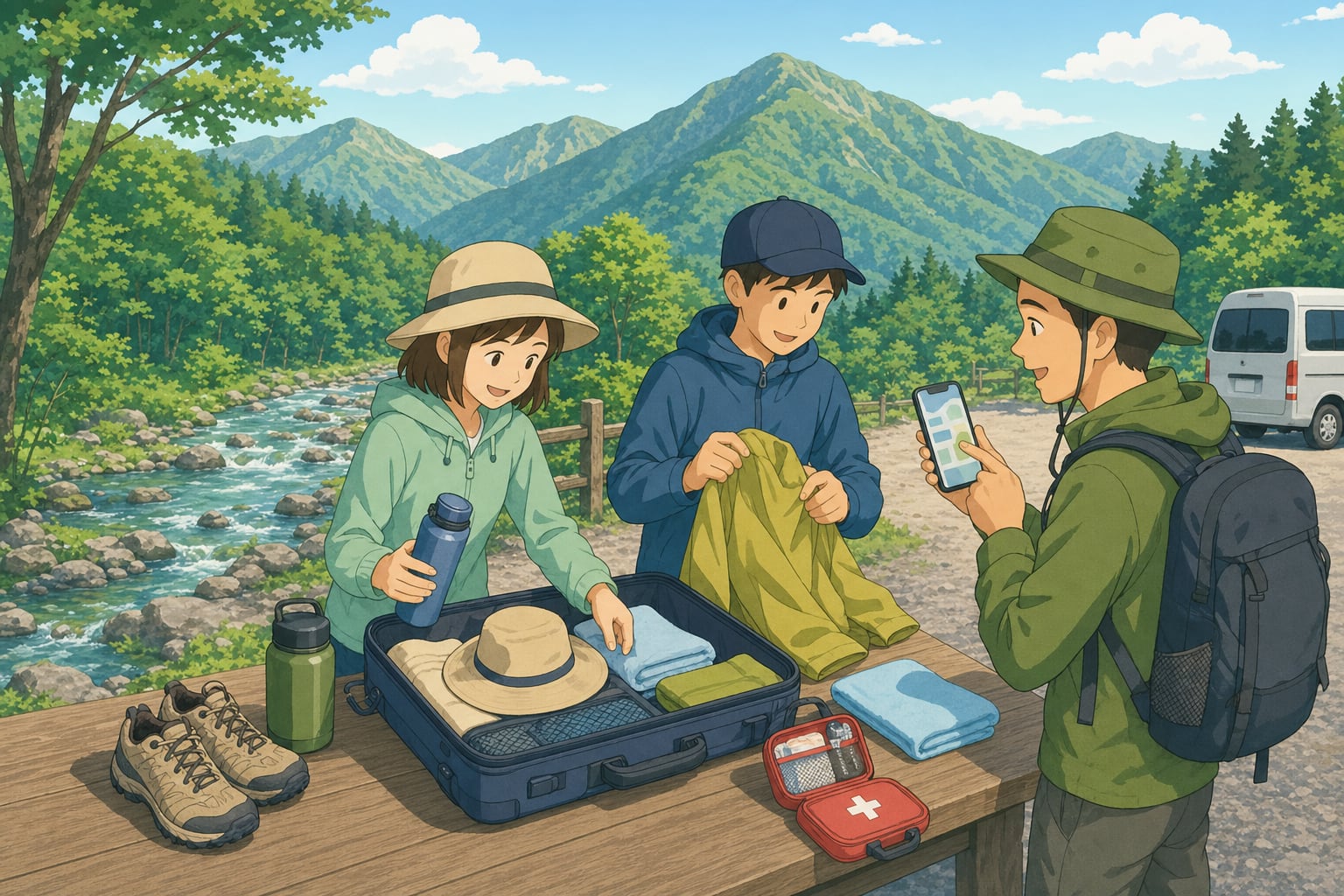 日本夏季山區溪谷旅遊行前準備示意圖