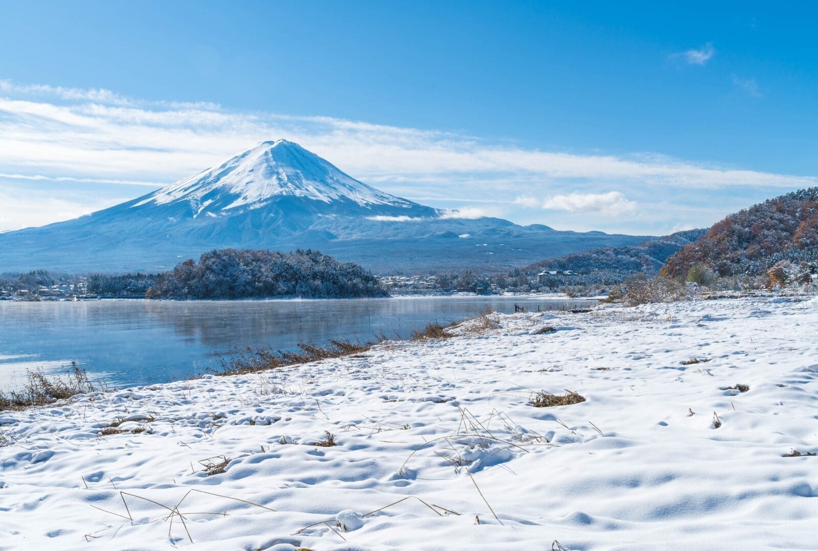 冬季河口湖周邊的雪頂富士山