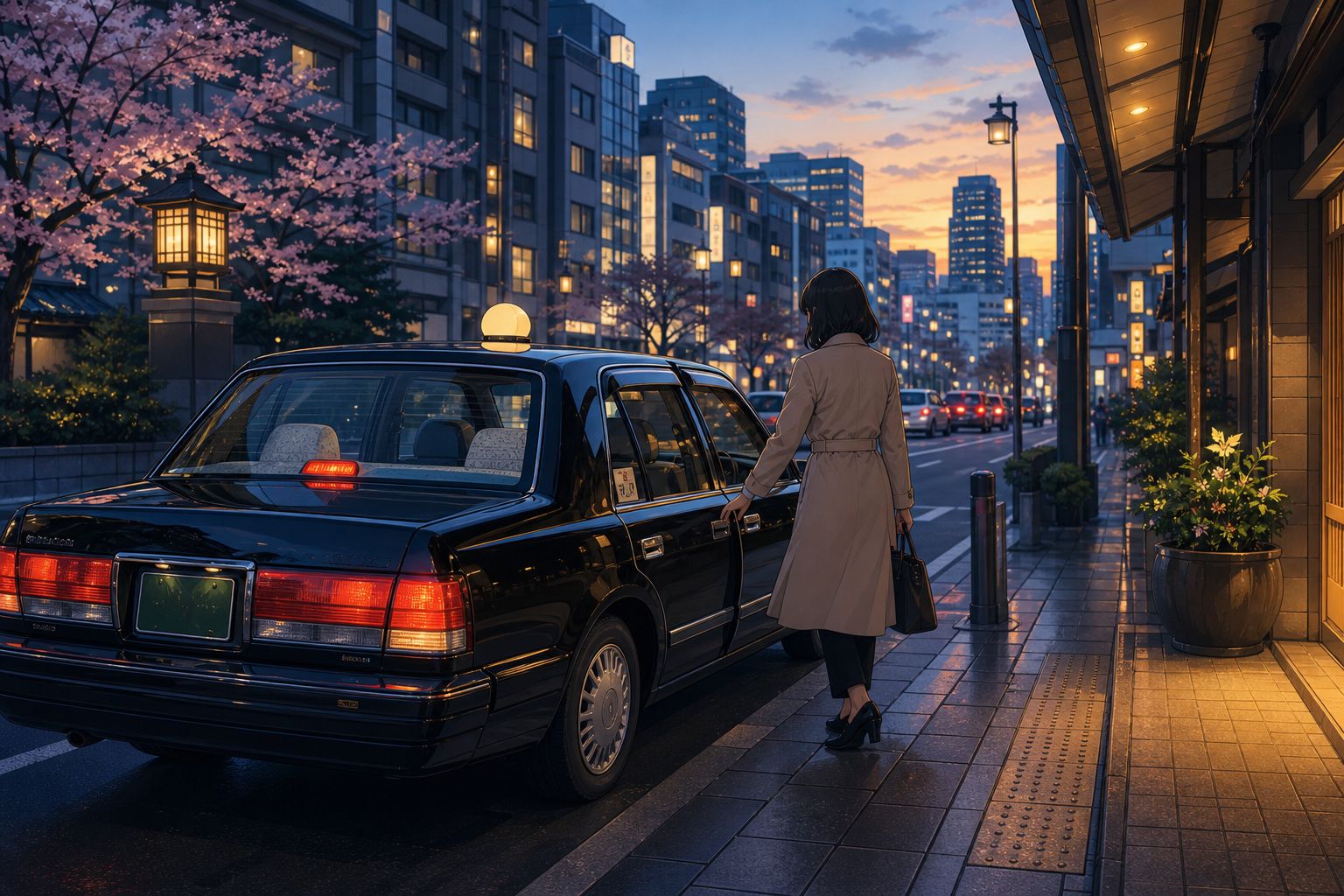 日本市區黃昏計程車路邊停靠