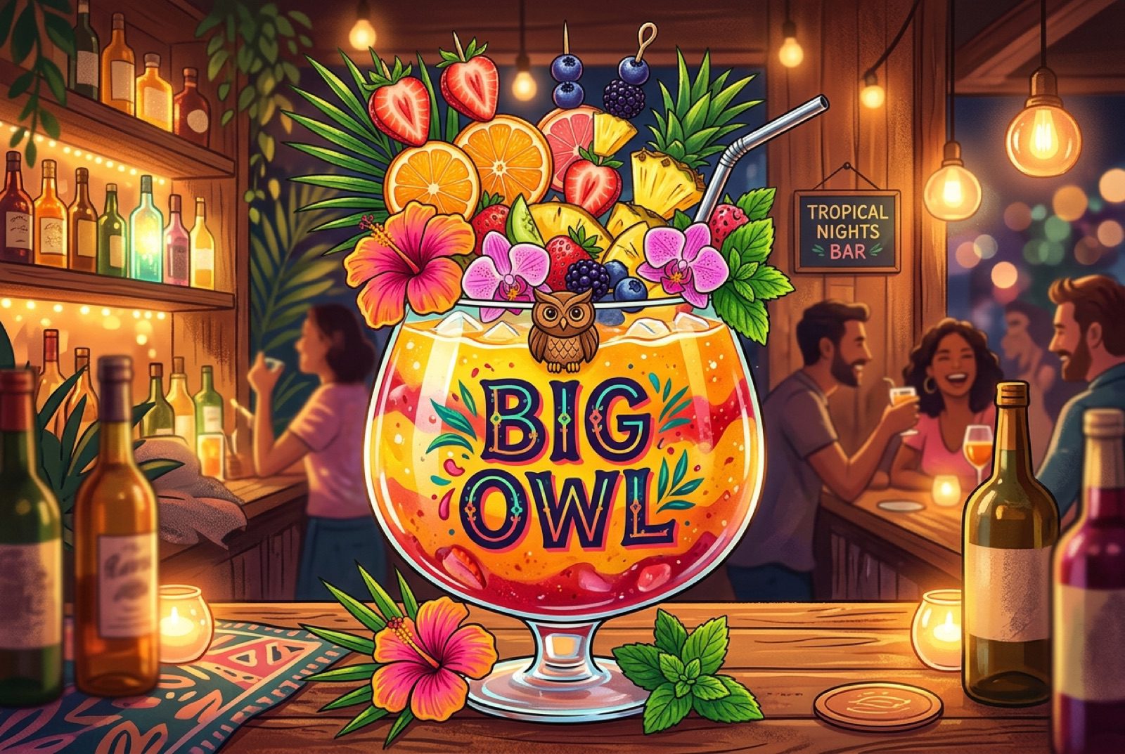 招牌 Big Owl 巨型水果調酒插畫