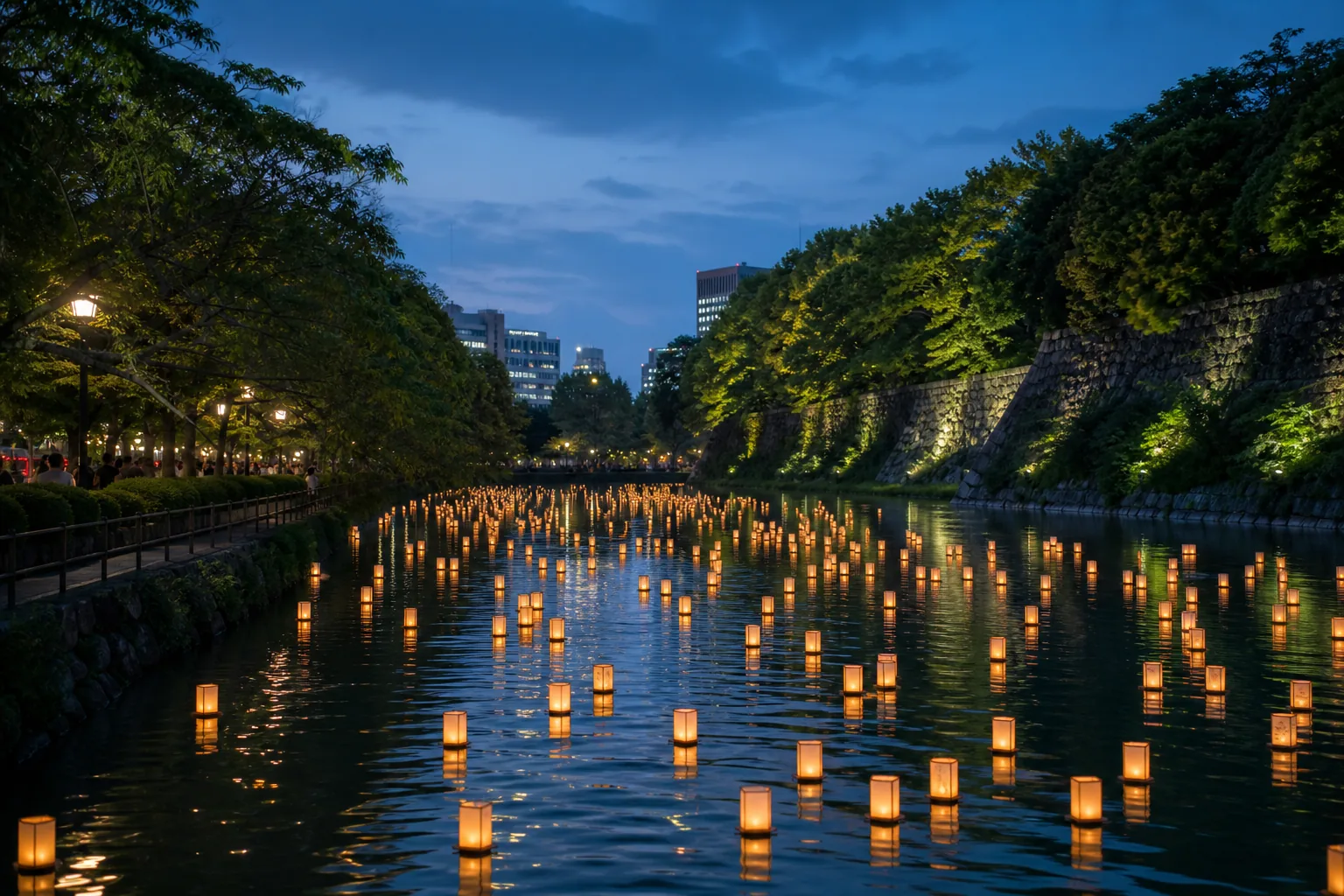 皇居千鳥淵護城河水燈夜景(AI 生成示意圖)