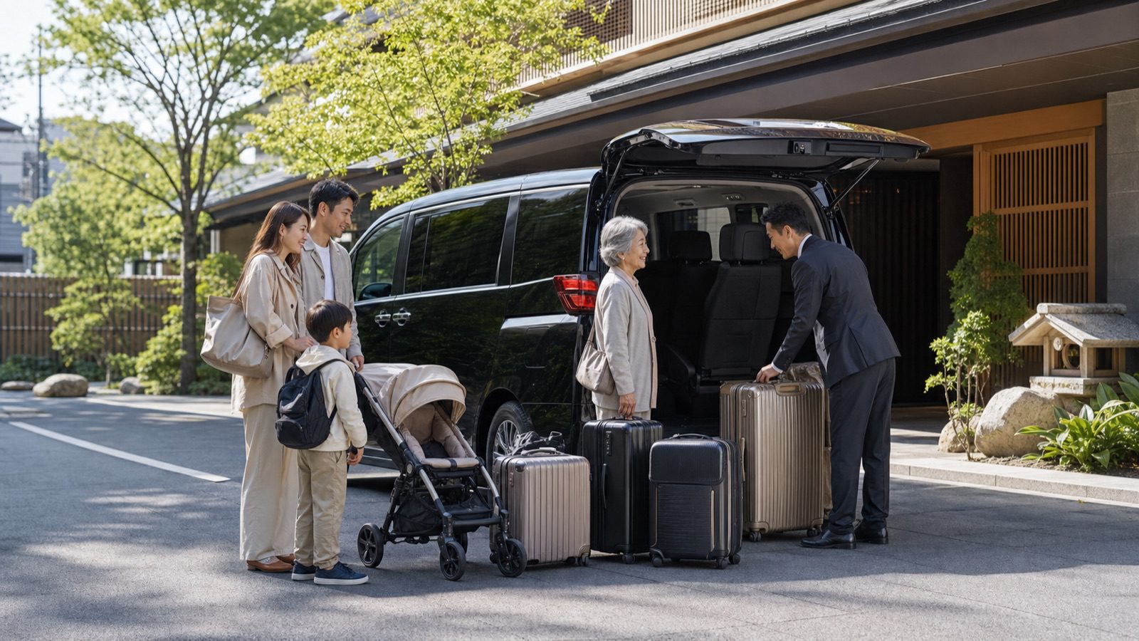 親子與長輩同行日本包車，出發前確認行李與車型的 AI 情境示意圖