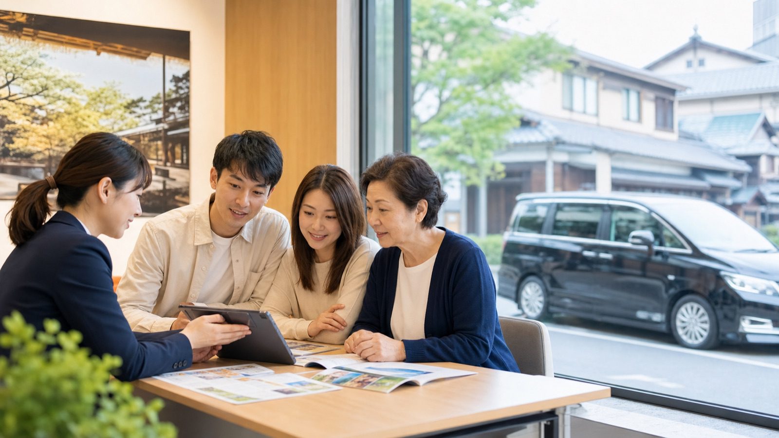 台灣旅客與旅行顧問確認日本包車行程與車型的 AI 情境示意圖
