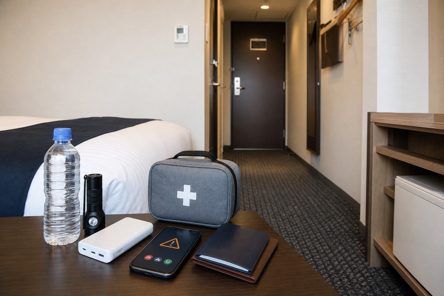 日本旅遊住宿時準備行動電源、手電筒與飲水的 AI 防災示意圖