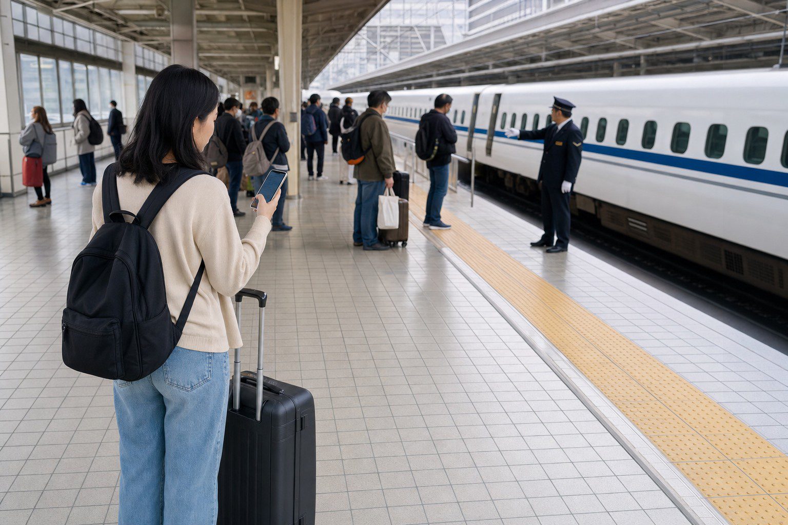 日本地震造成鐵路暫停時，旅客查看官方交通資訊的 AI 情境示意圖