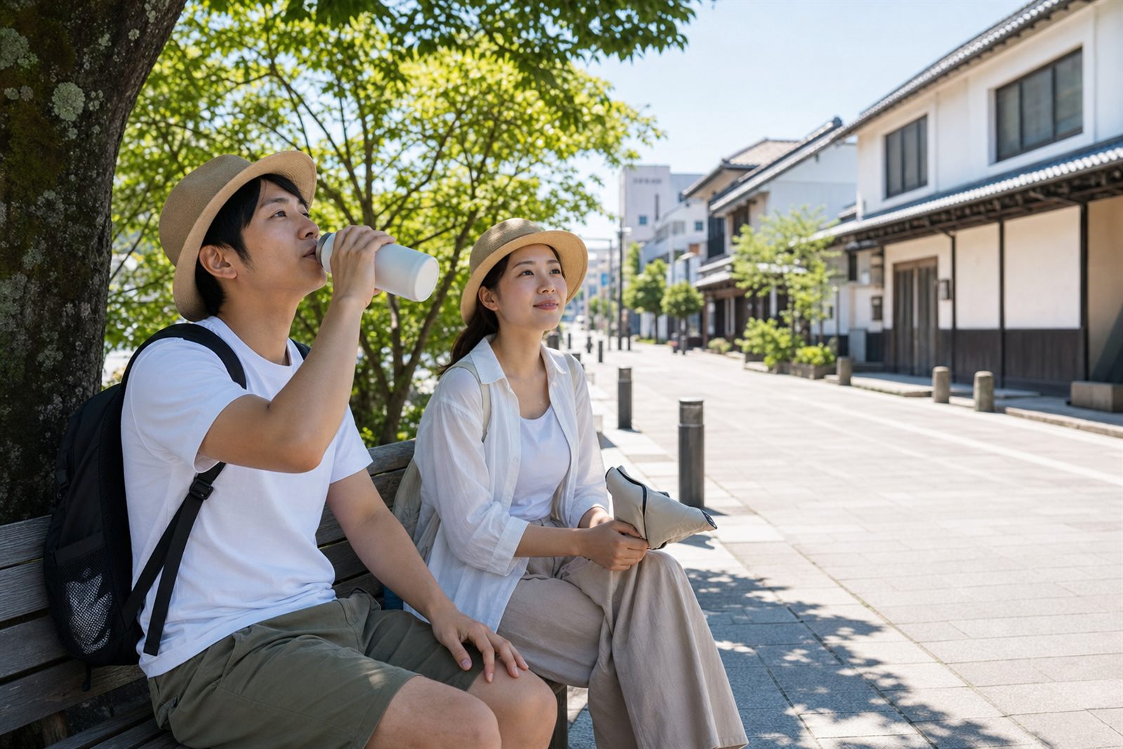 旅客在日本夏季街道樹蔭下休息補水的情境示意圖
