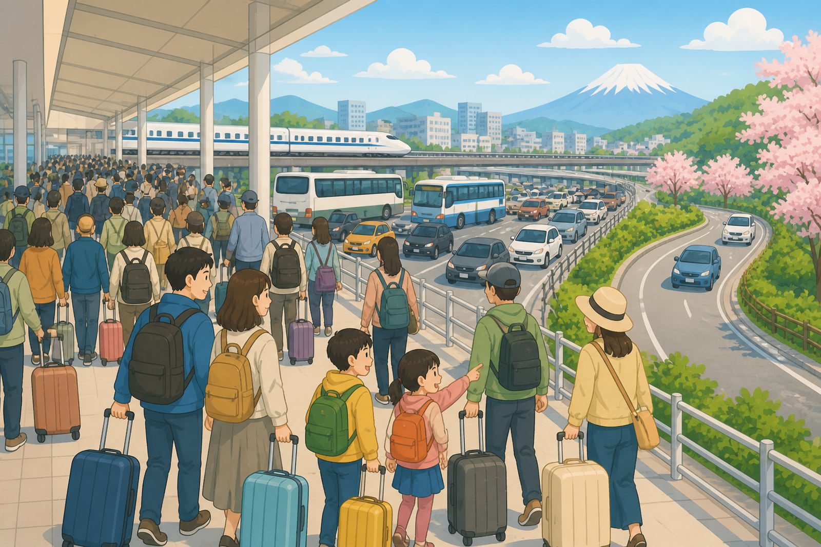 2026 日本連假期間車站與道路人潮示意圖