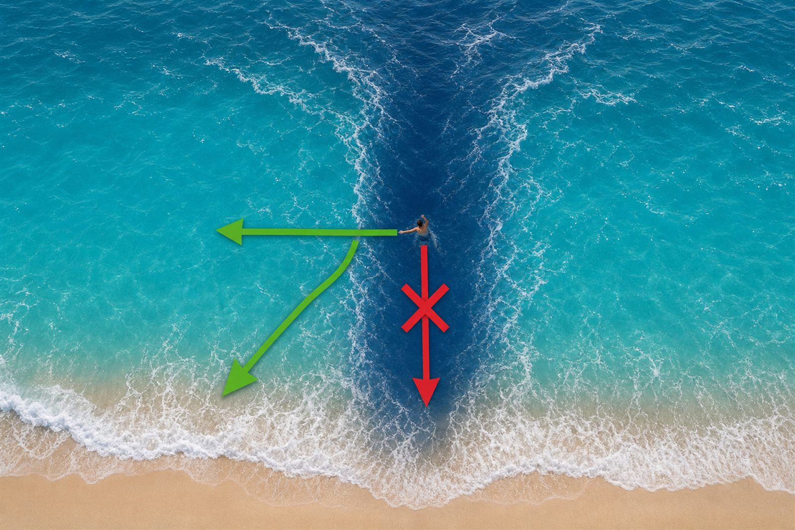 離岸流中不逆流游向沙灘，先沿海岸平行游出後再斜向返岸的示意圖