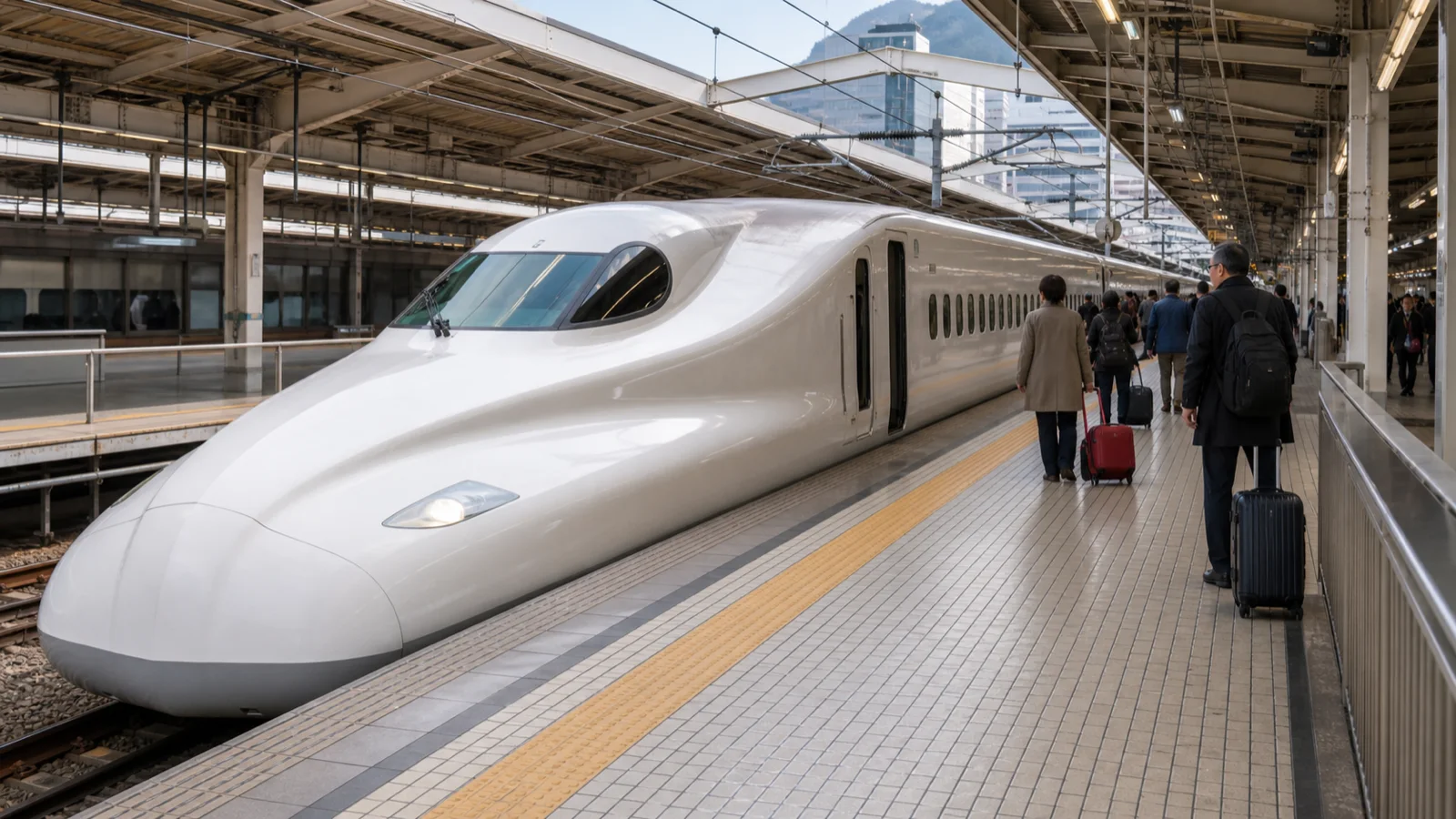 日本新幹線停靠車站月台，旅客攜帶行李準備搭車