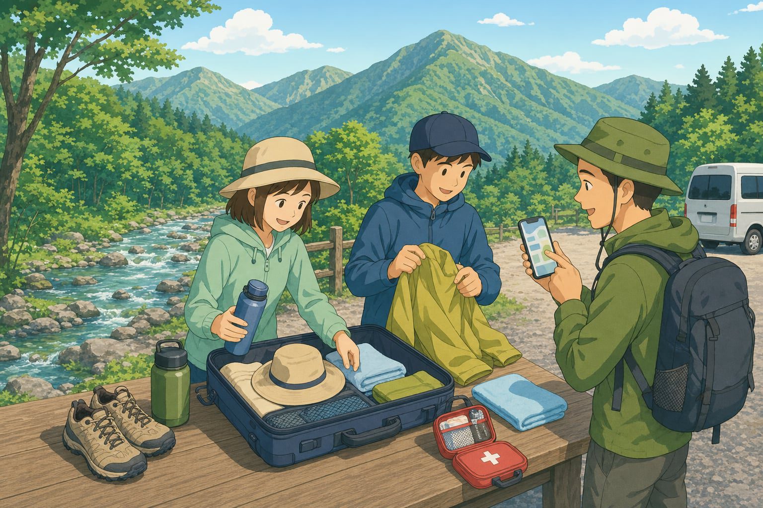 日本夏季山區溪谷旅遊行前準備示意圖