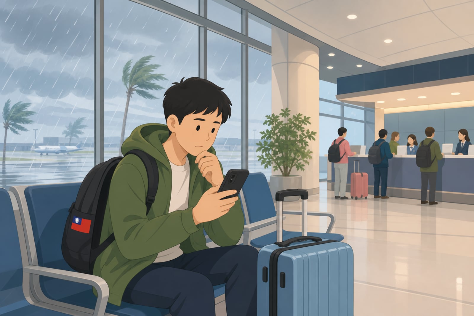日本颱風航班取消時旅客在機場查詢航班狀態示意圖