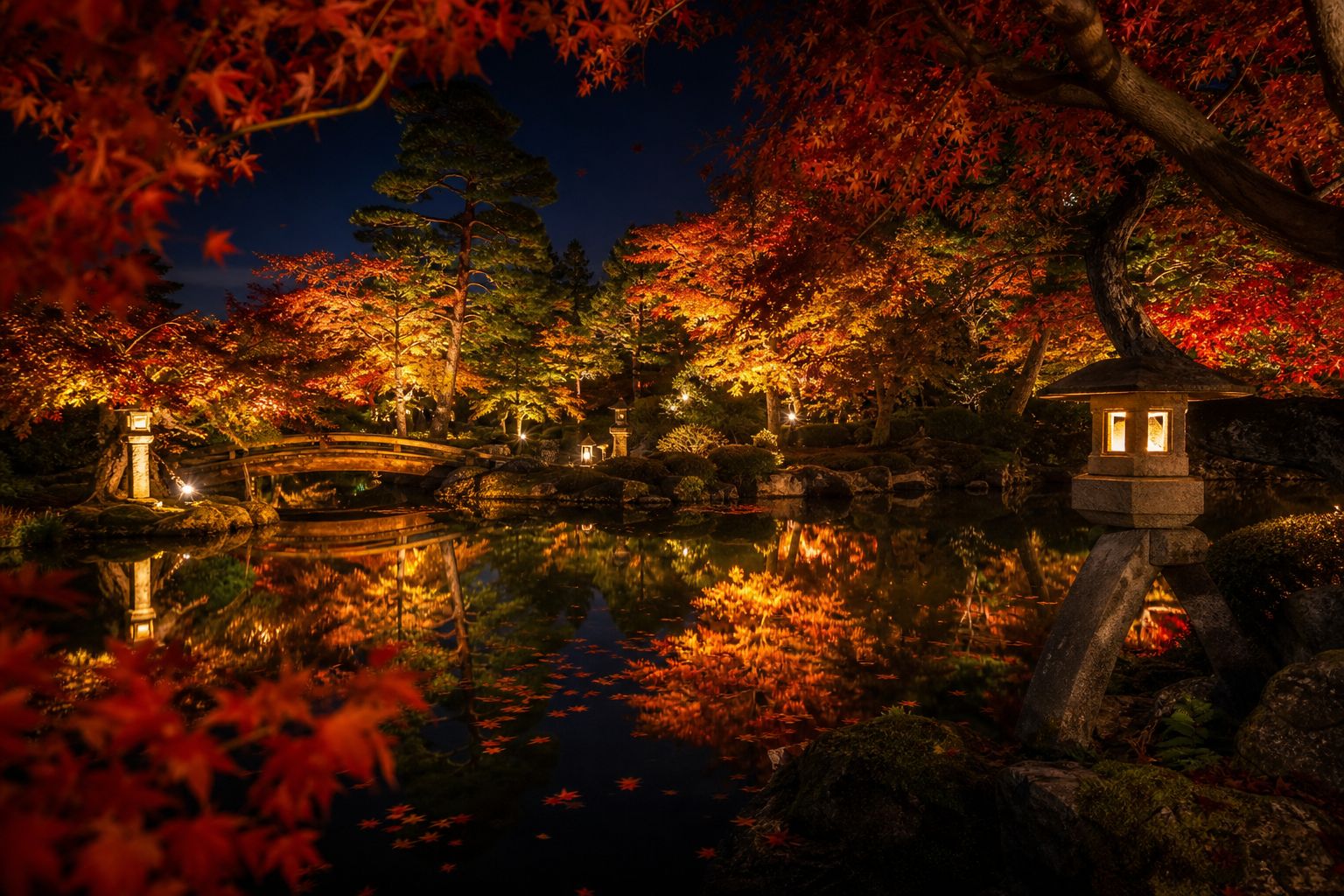 金澤兼六園秋夜紅葉庭園與池面倒影