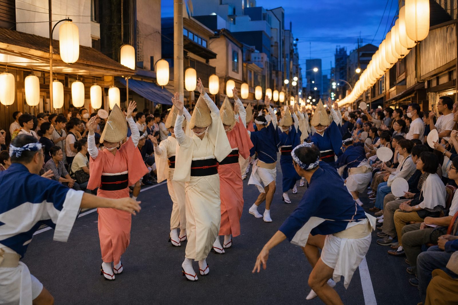 東京高圓寺阿波舞祭典夜間街景情境示意圖