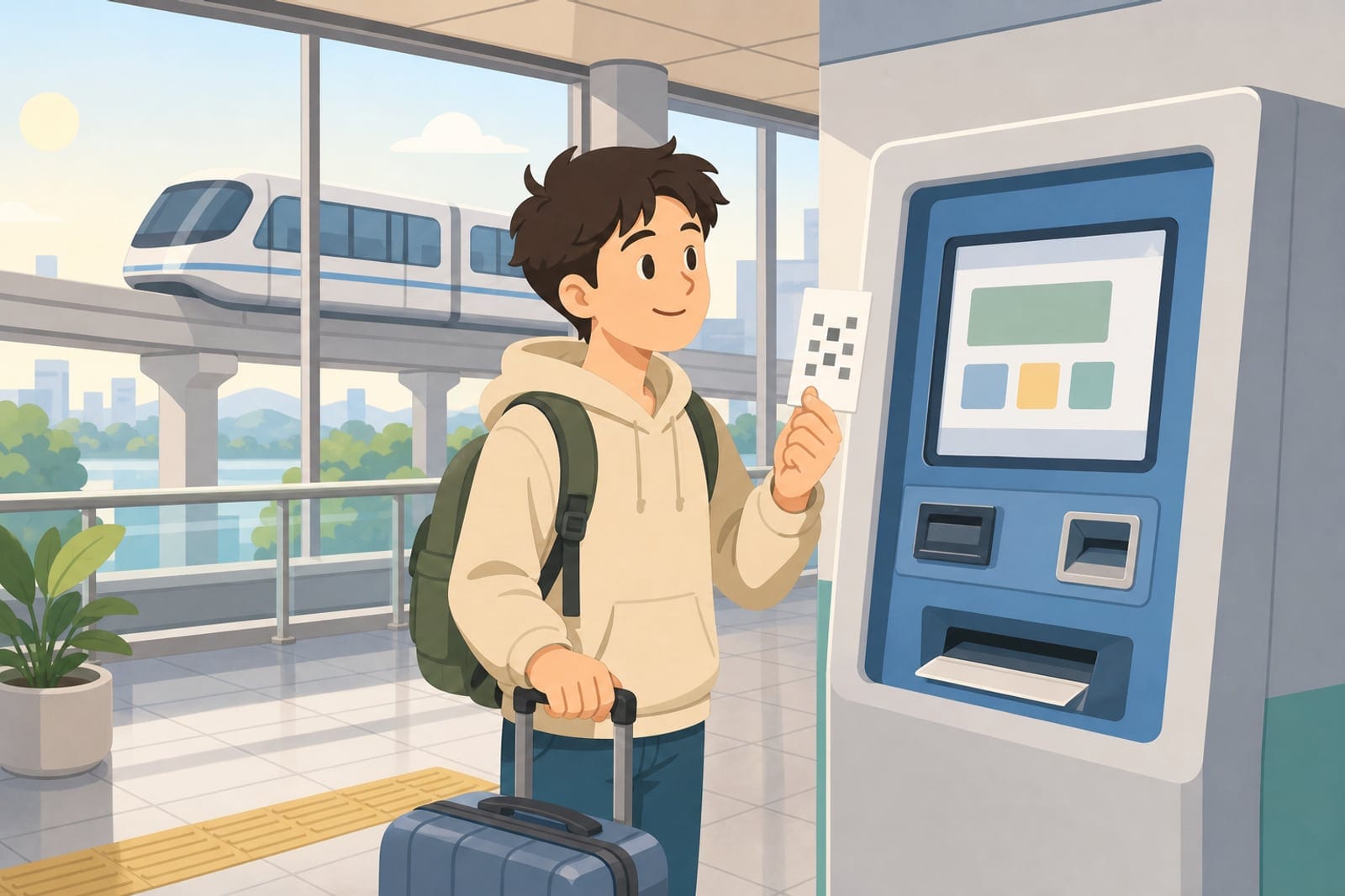 旅客在單軌車站售票機購買車票