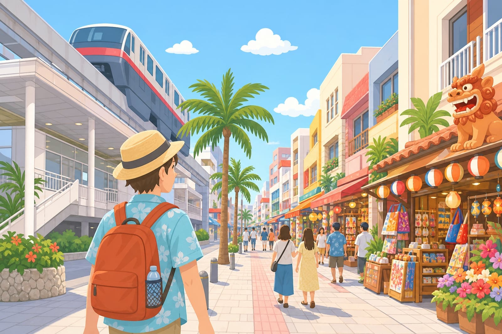 國際通商店街與上方單軌軌道的市區散步氛圍