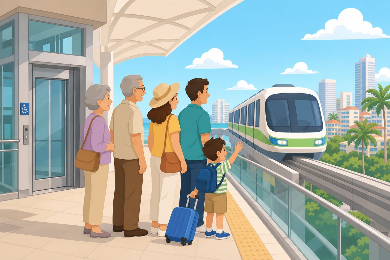 親子與長輩在單軌月台候車,車站設有電梯