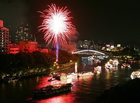 大阪天神祭奉納花火與夜晚河岸