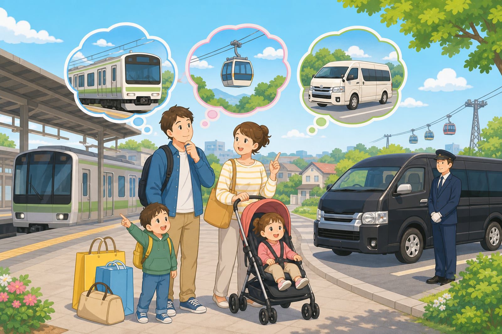 PokéPark KANTO 親子交通與包車選擇情境說明圖