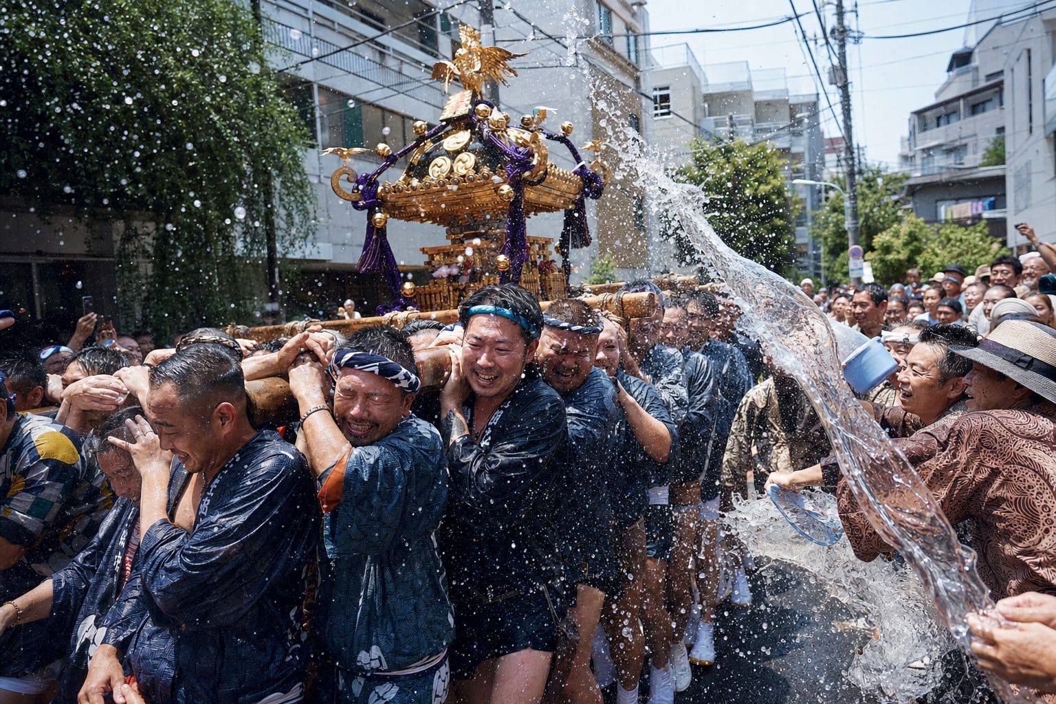 日本暑假夏祭神轎與水掛祭典情境圖