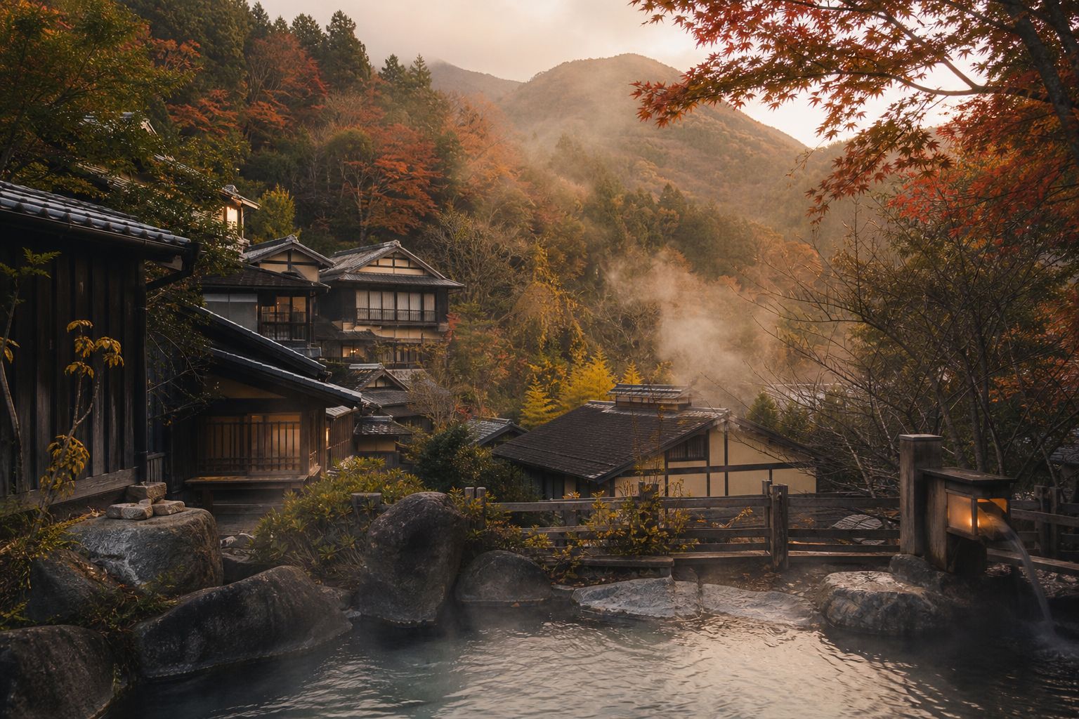 九州溫泉鄉晚秋山林與露天風呂景色
