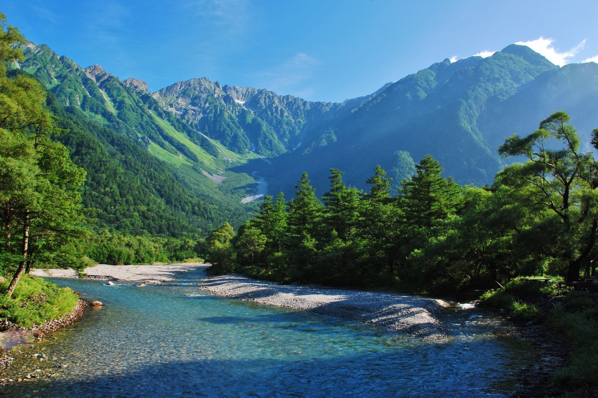 上高地夏天梓川與穗高連峰避暑景色