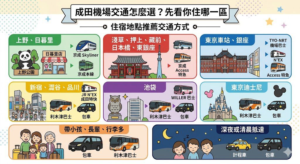成田機場前往東京各區交通選擇示意圖