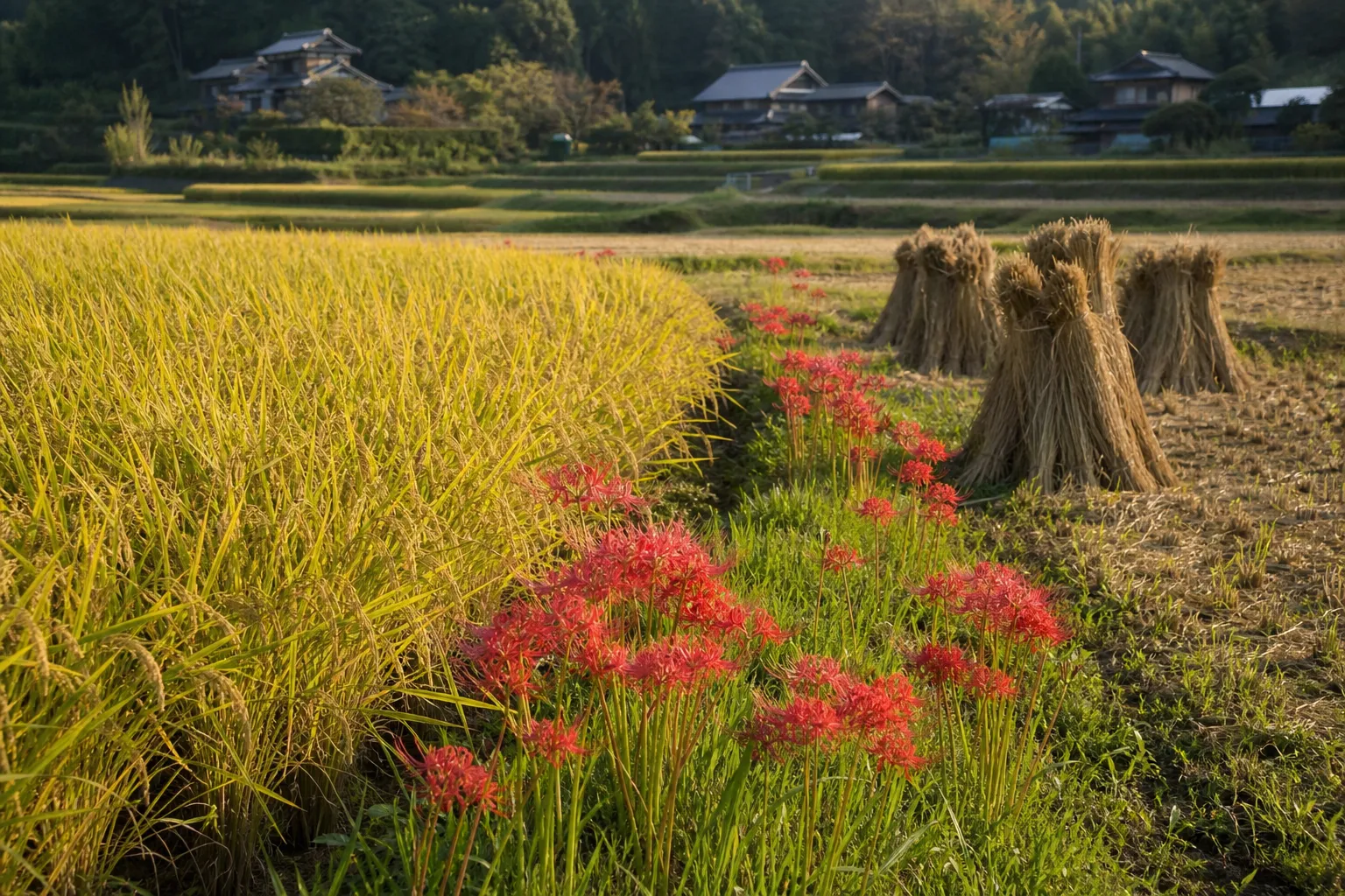 日本農村稻田與彼岸花秋景情境示意