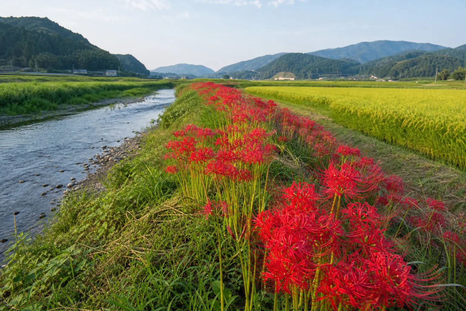 日本秋季河岸彼岸花與稻田景觀情境示意