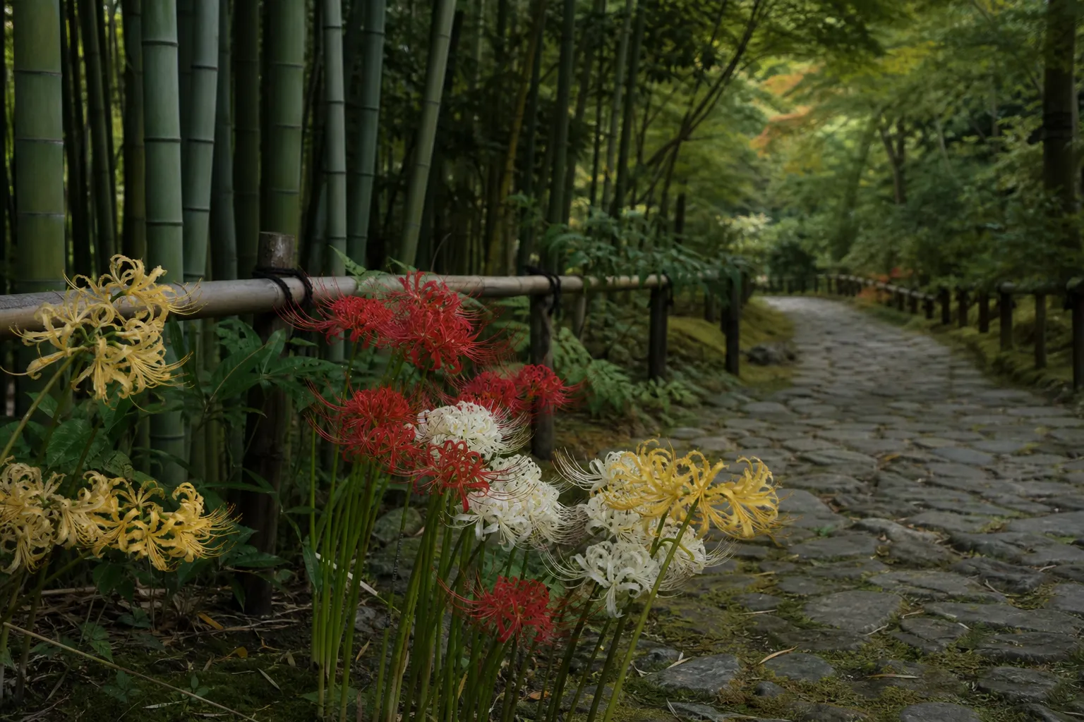日本寺院竹林步道旁的多色彼岸花情境示意