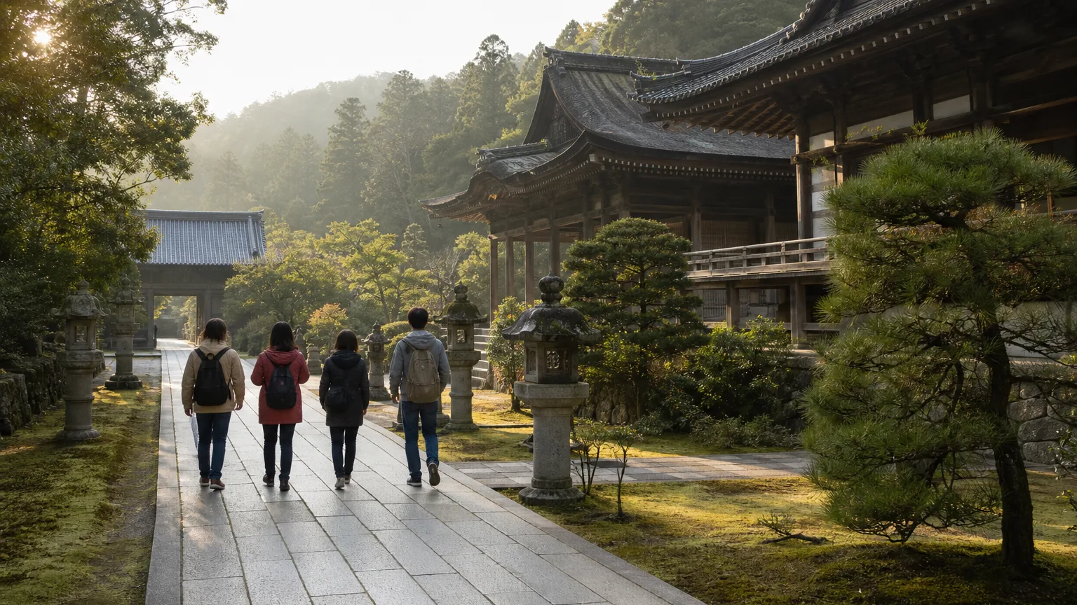 情境示意：旅客沿指定步道安靜參觀日本歷史寺院
