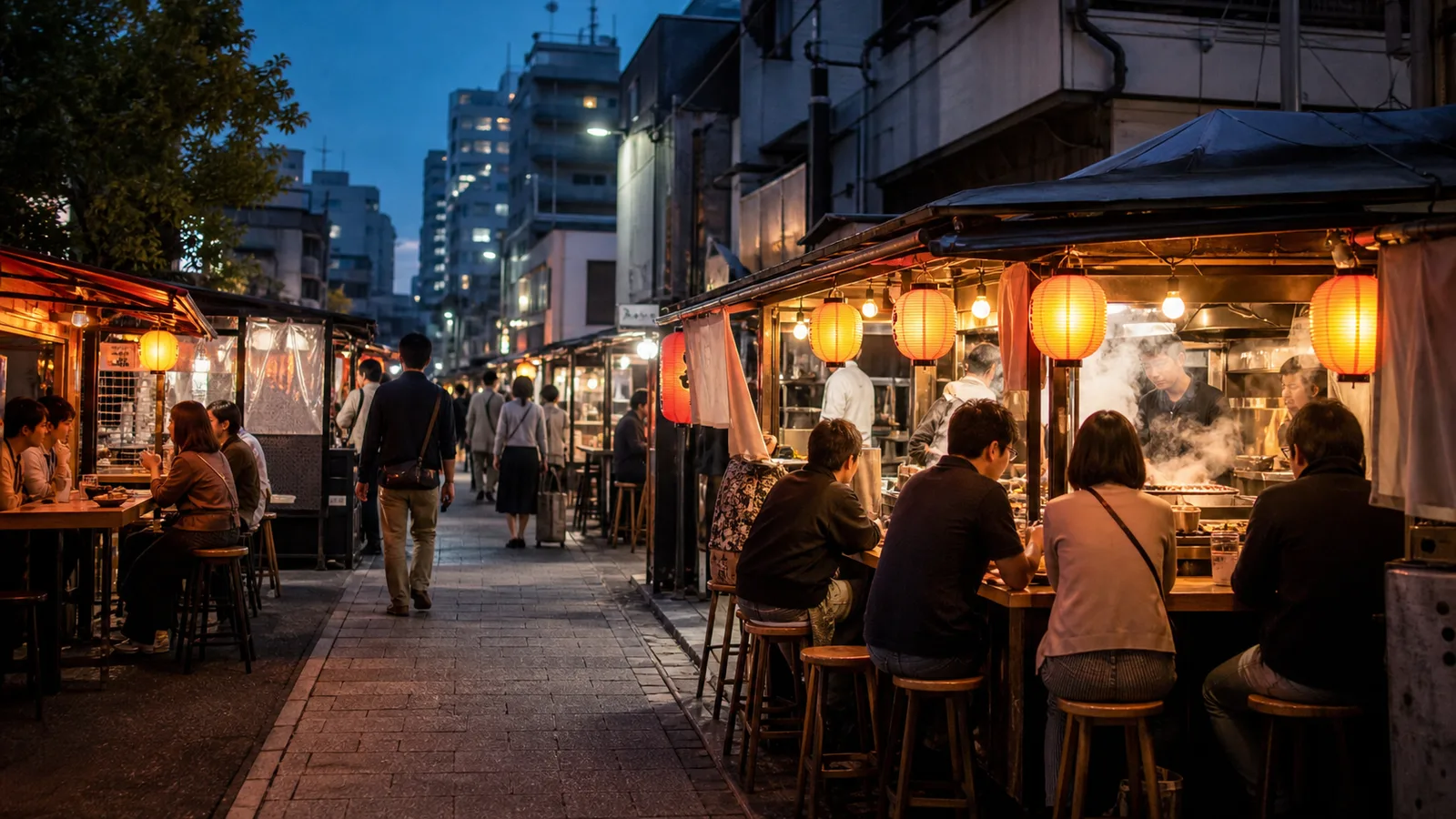 日本屋台與橫丁夜間美食街景情境示意圖
