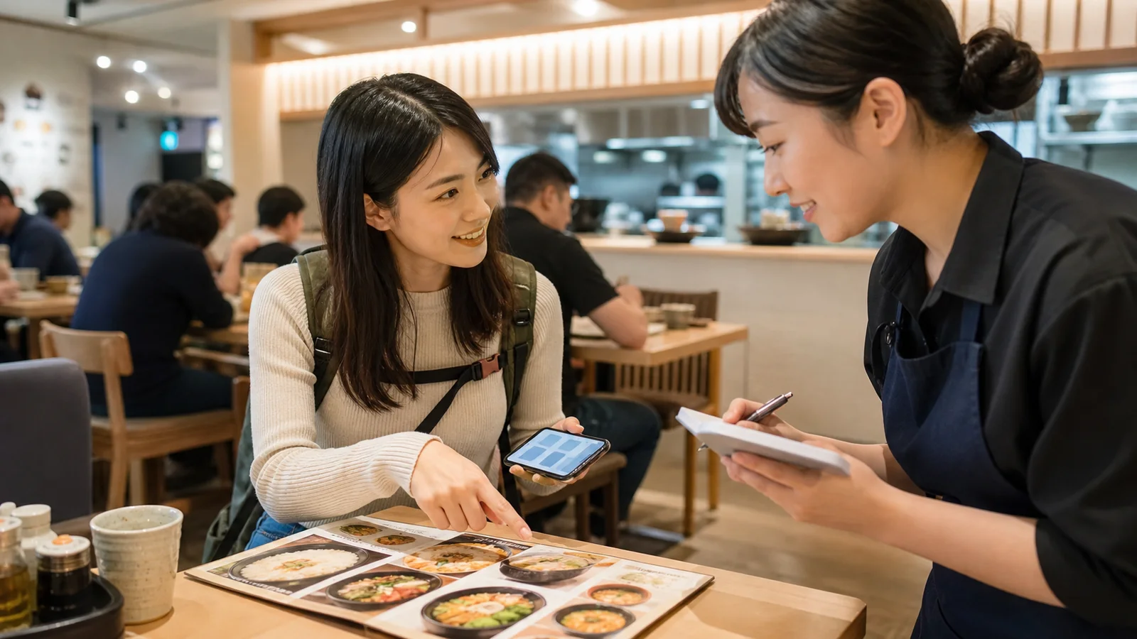 旅客在日本餐廳以圖片菜單和手機協助點餐的情境示意