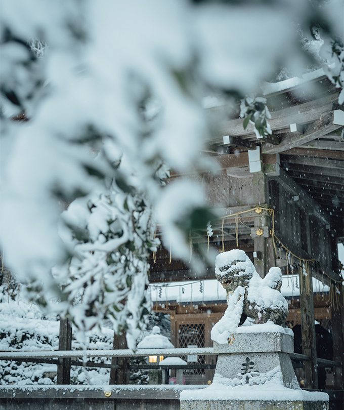 貴船神社境內狛犬與社殿雪景
