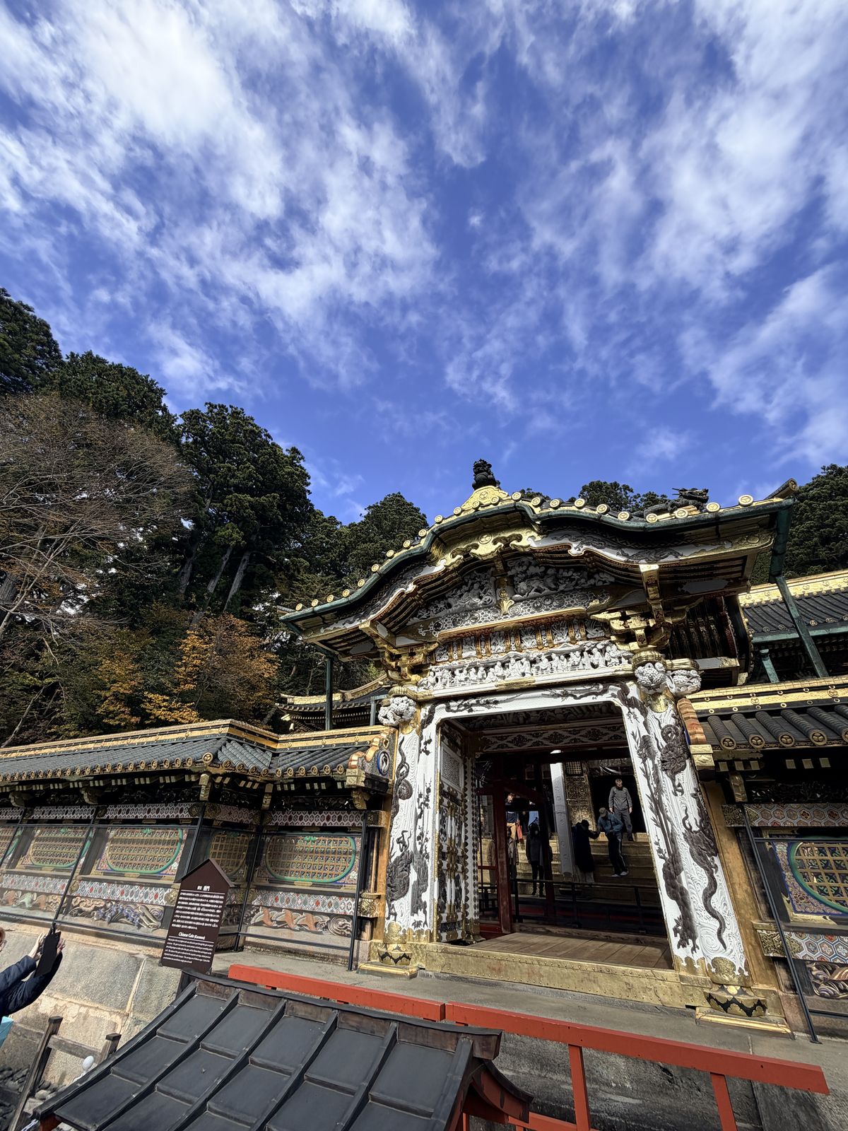 日光東照宮唐門仰角特寫：白柱金飾、唐破風屋頂與德川葵紋瓦當