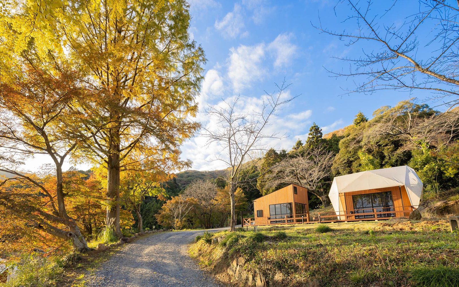 Glamping Hills AURA Terrace 茨城 秋色中的園區小徑與帳篷小屋
