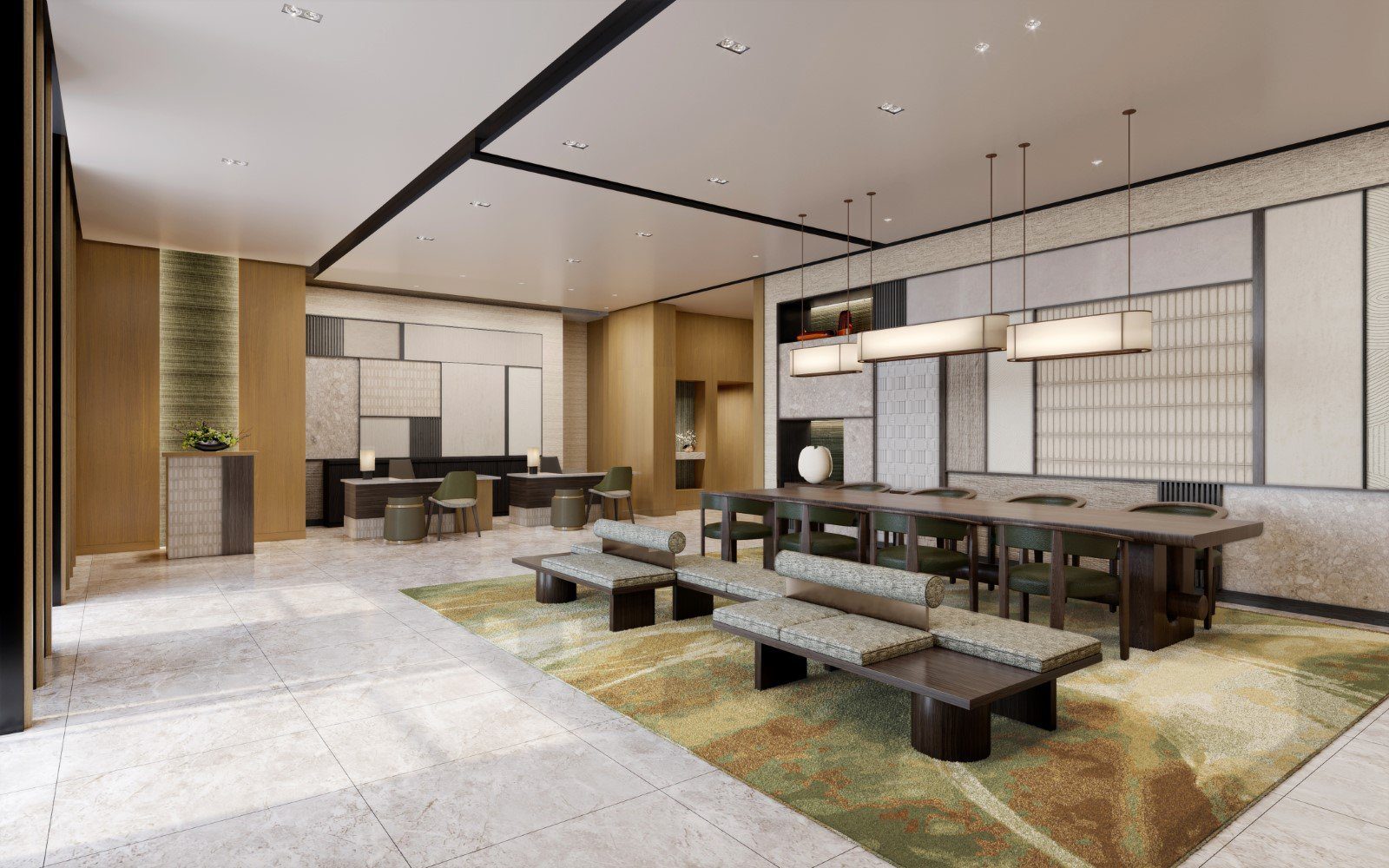 京都四條烏丸萬怡酒店 大廳交誼區與長桌