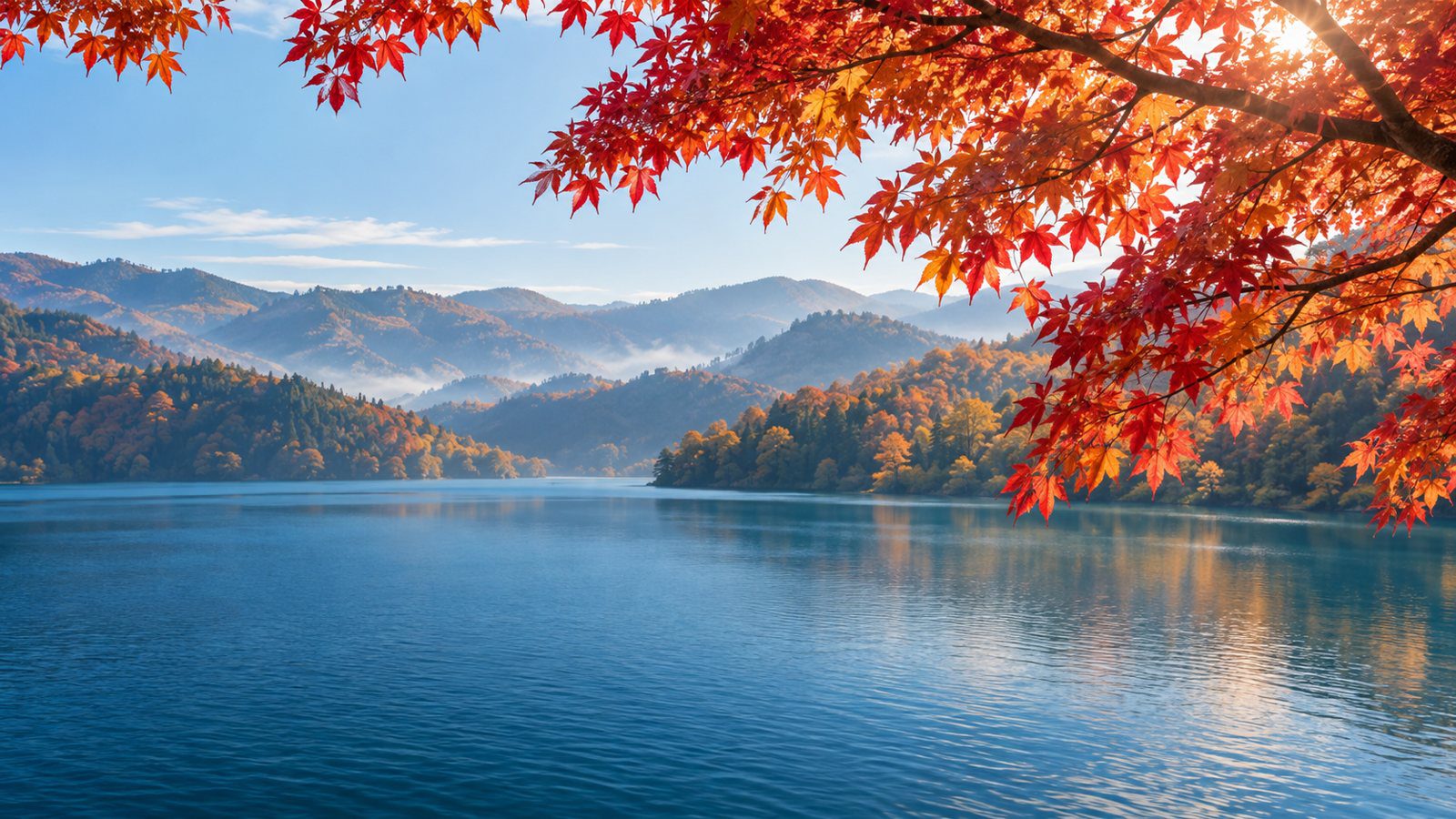 紅色楓葉映襯湖泊與秋色山林的情境示意圖