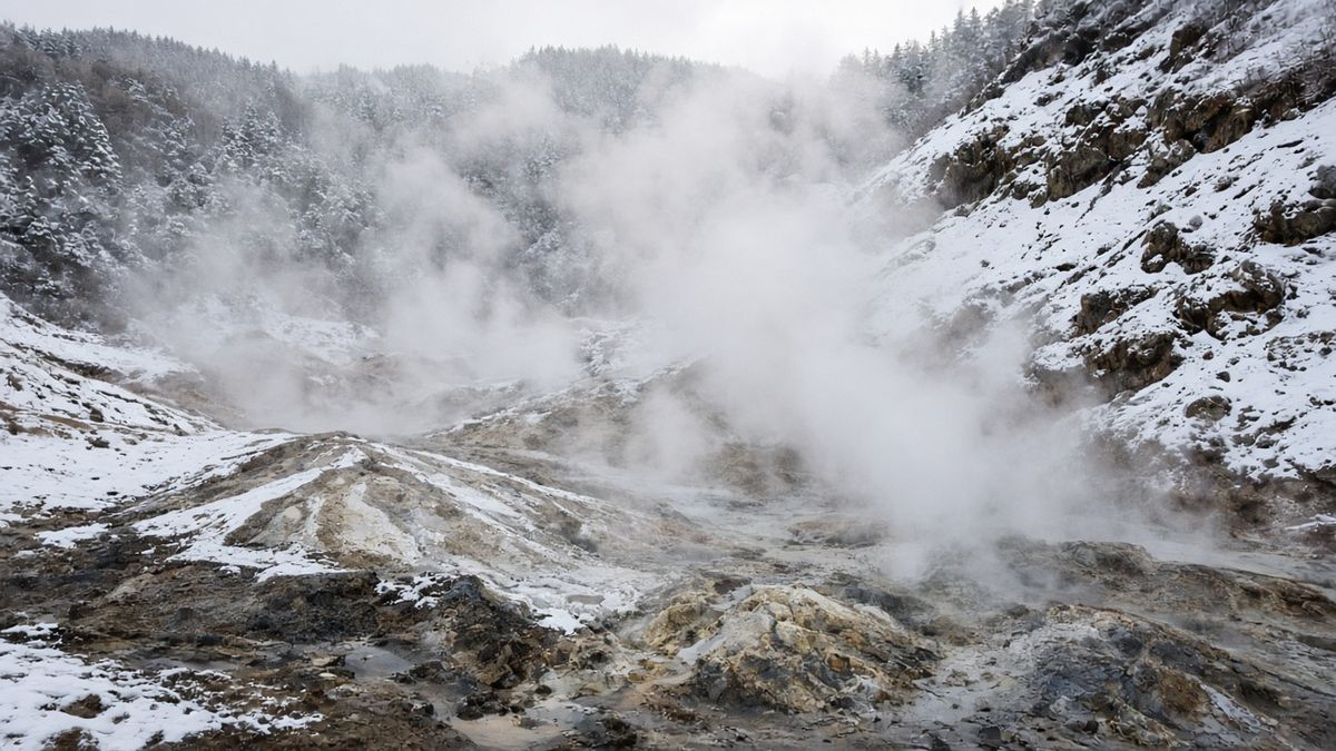 登別地獄谷雪中硫磺蒸氣與岩池