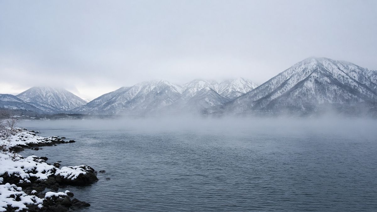 洞爺湖冬日火山湖霧氣與群山