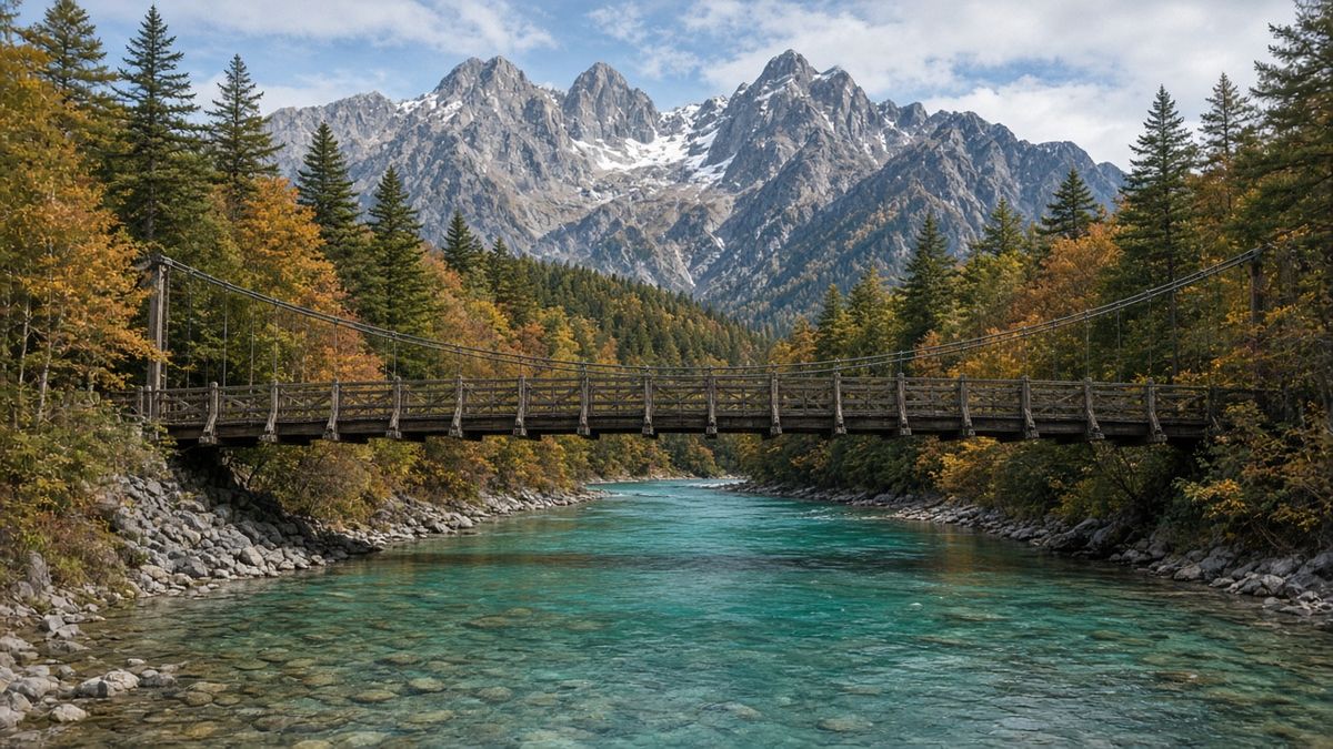 上高地河童橋與穗高連峰秋景