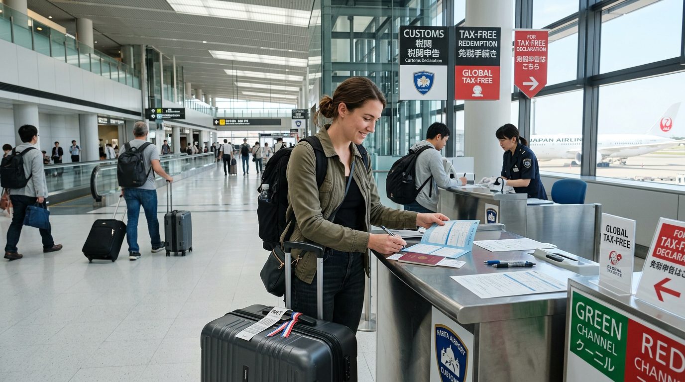 旅客於日本國際機場出境大廳海關退稅申報處辦理確認手續情境示意