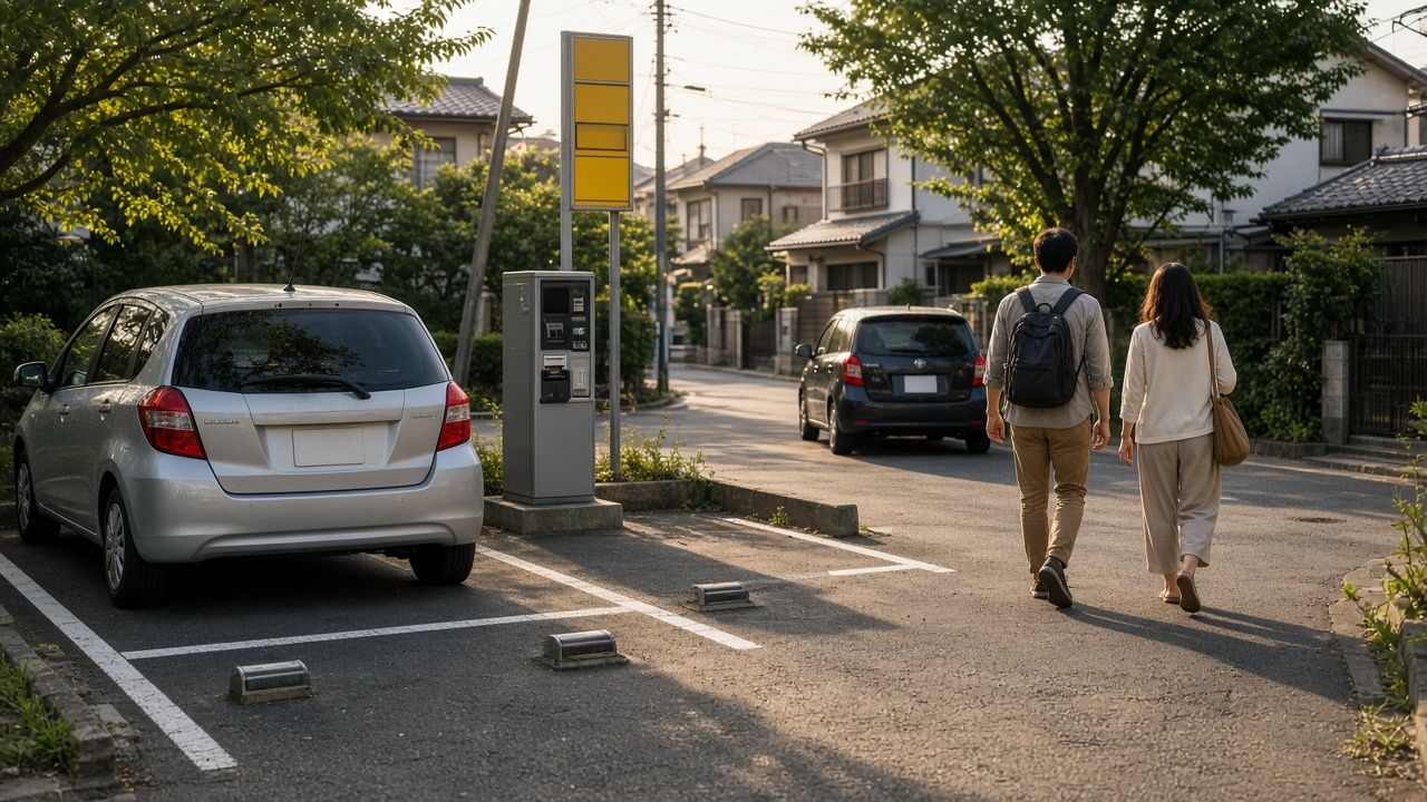 日本住宅區小型投幣停車場，車停進格內後兩位旅客步行離開