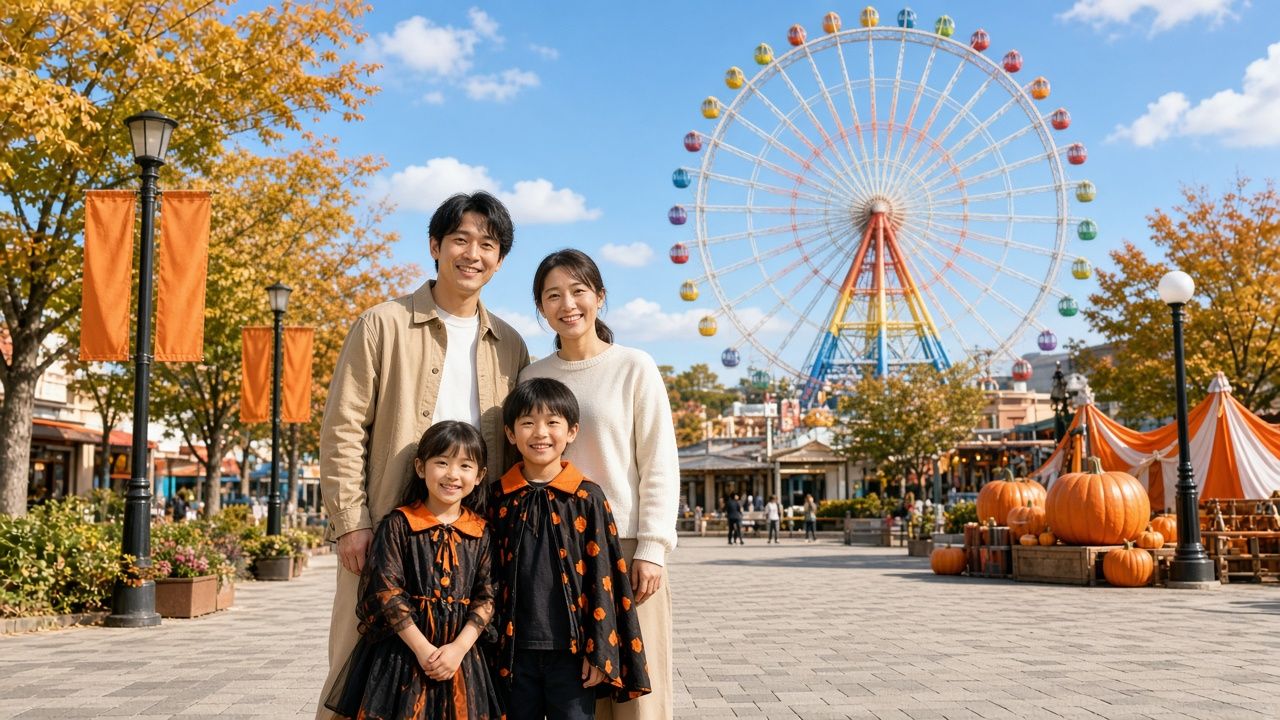 親子在遊樂園廣場穿萬聖節服裝的情境示意