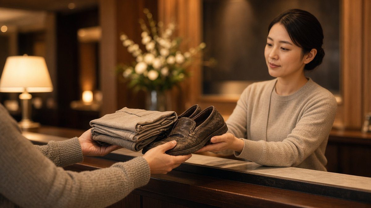 旅客在日本飯店櫃檯詢問能否代為處理舊鞋與衣服