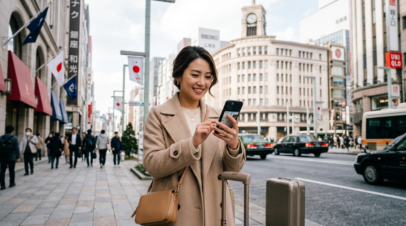 旅客在日本街頭使用智慧型手機查詢旅遊資訊情境示意