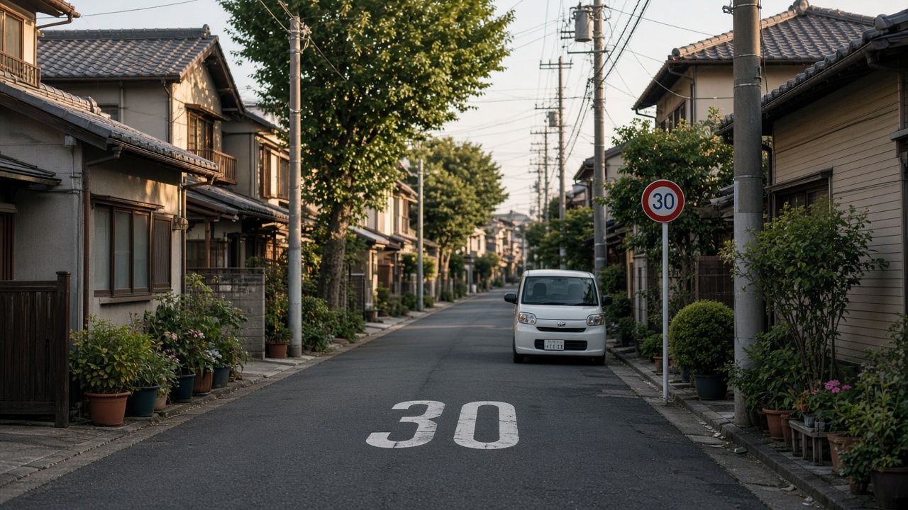 日本住宅區狹窄生活道路，路面與路旁標示時速 30 公里