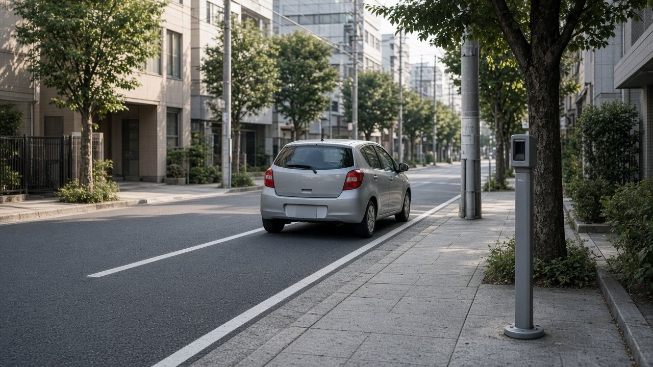 東京街道路邊停車格旁的 Parking Meter 與停靠的小客車