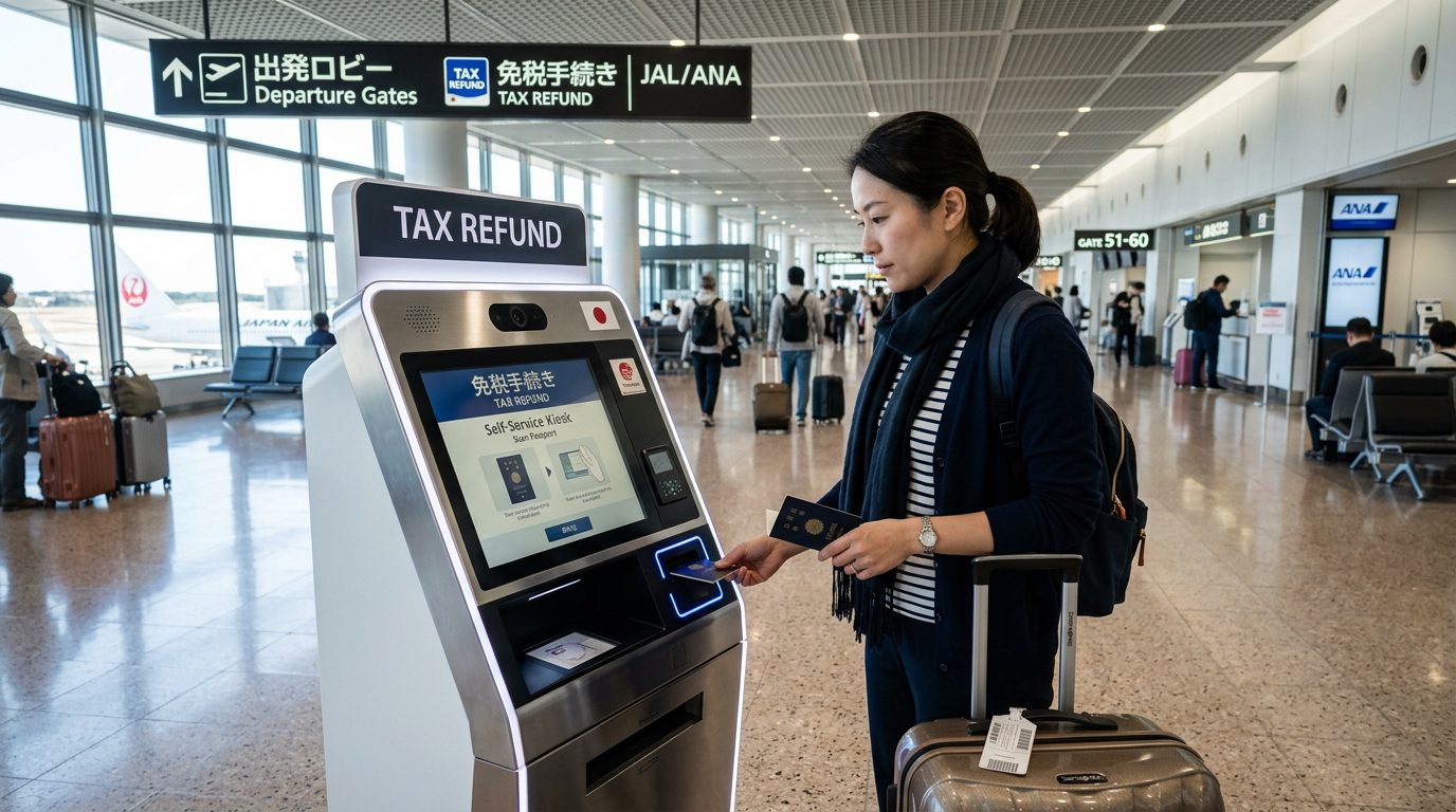 日本國際機場出境大廳免稅手續自助機終端與旅客掃描護照