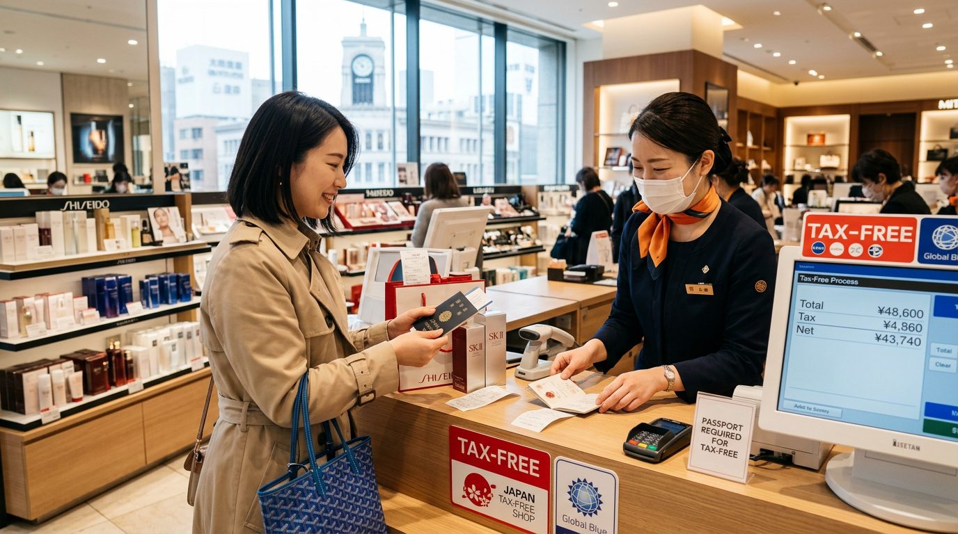旅客在日本百貨商場 Tax-Free 免稅櫃台出示護照結帳辦理免稅手續