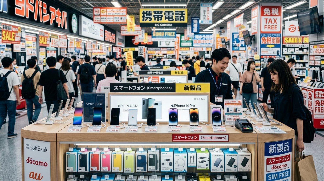 日本大型電器量販店智慧型手機展示與免稅專區情境示意